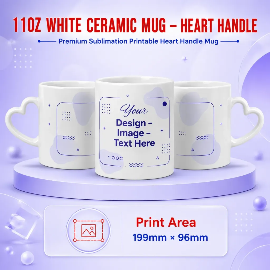 11OZ White Ceramic Mug – Heart Handle (Normal Packing)